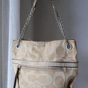 COACH Beige Signature Tote Bag with Chain Straps